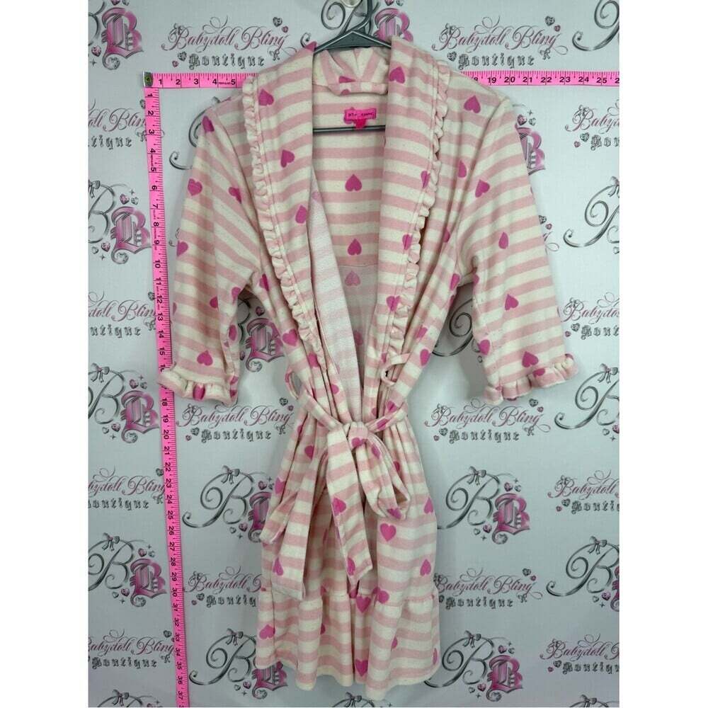 Betsey Johnson robe ruffle Pink and Cream Striped Heart Fleece Robe with Belt